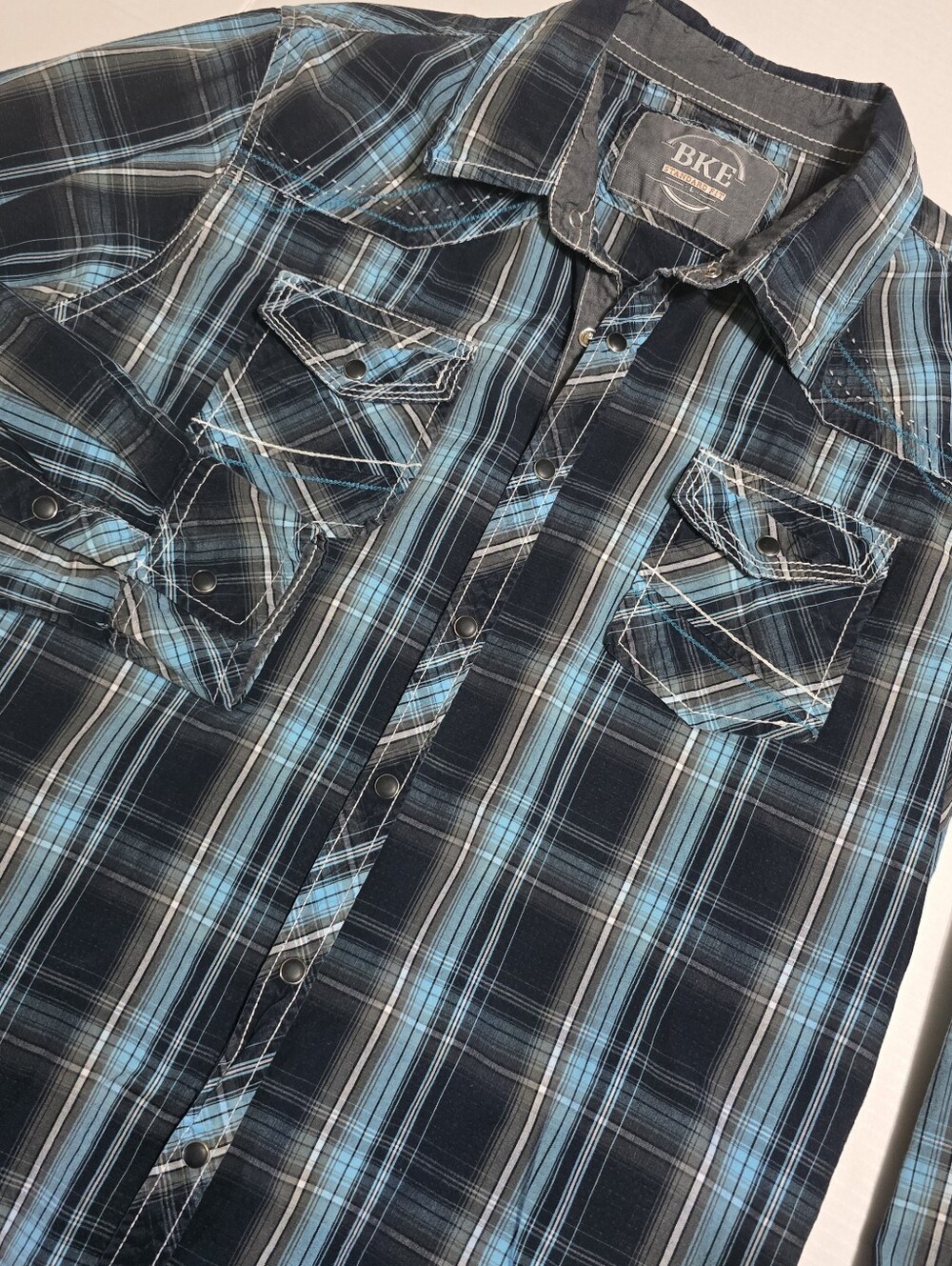 BKE Western Plaid Snap Shirt – Men’s Large – Black & Blue – 100% Cotton